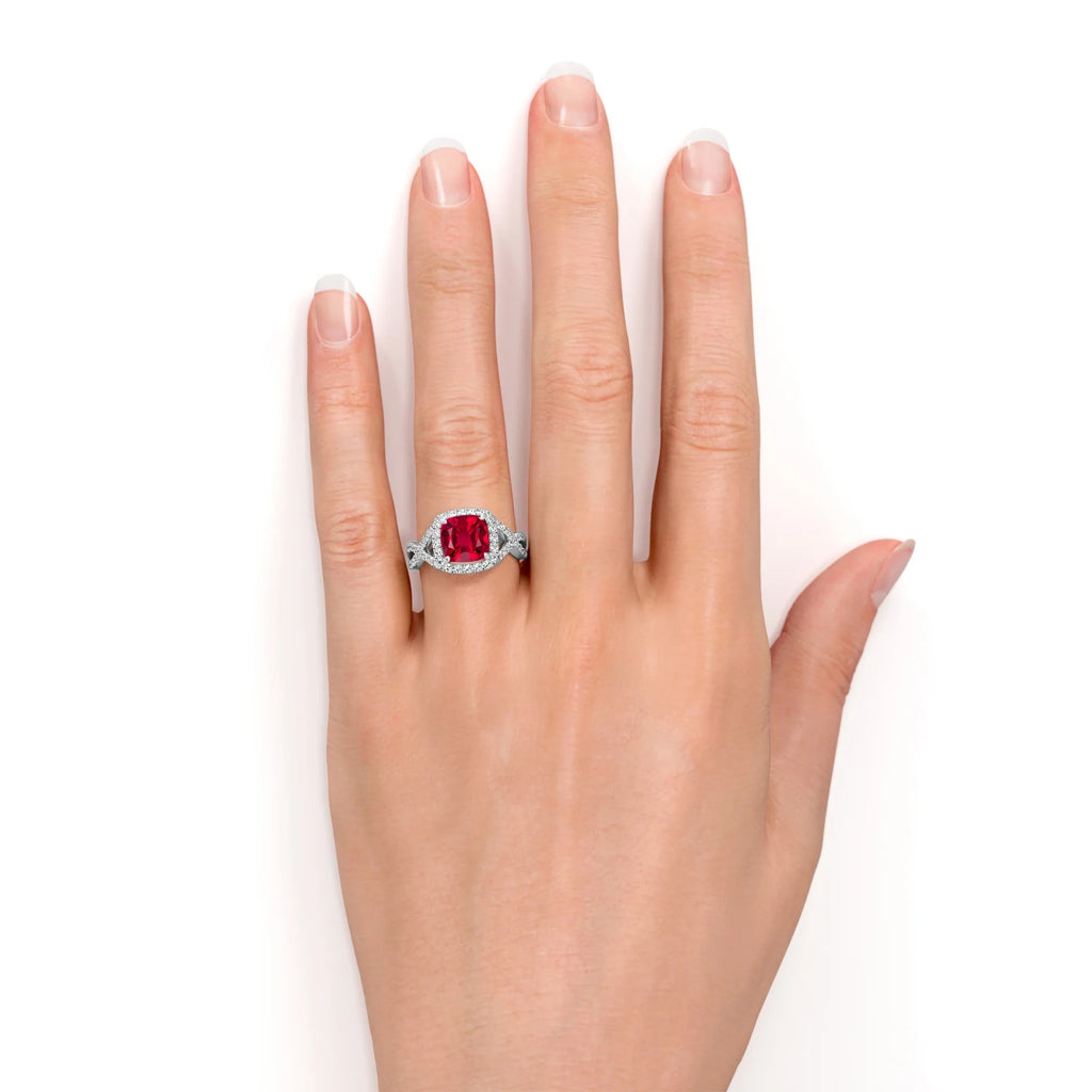Cushion Cut Lab Created Ruby and Moissanite Crossover Pave Engagement Ring V997957