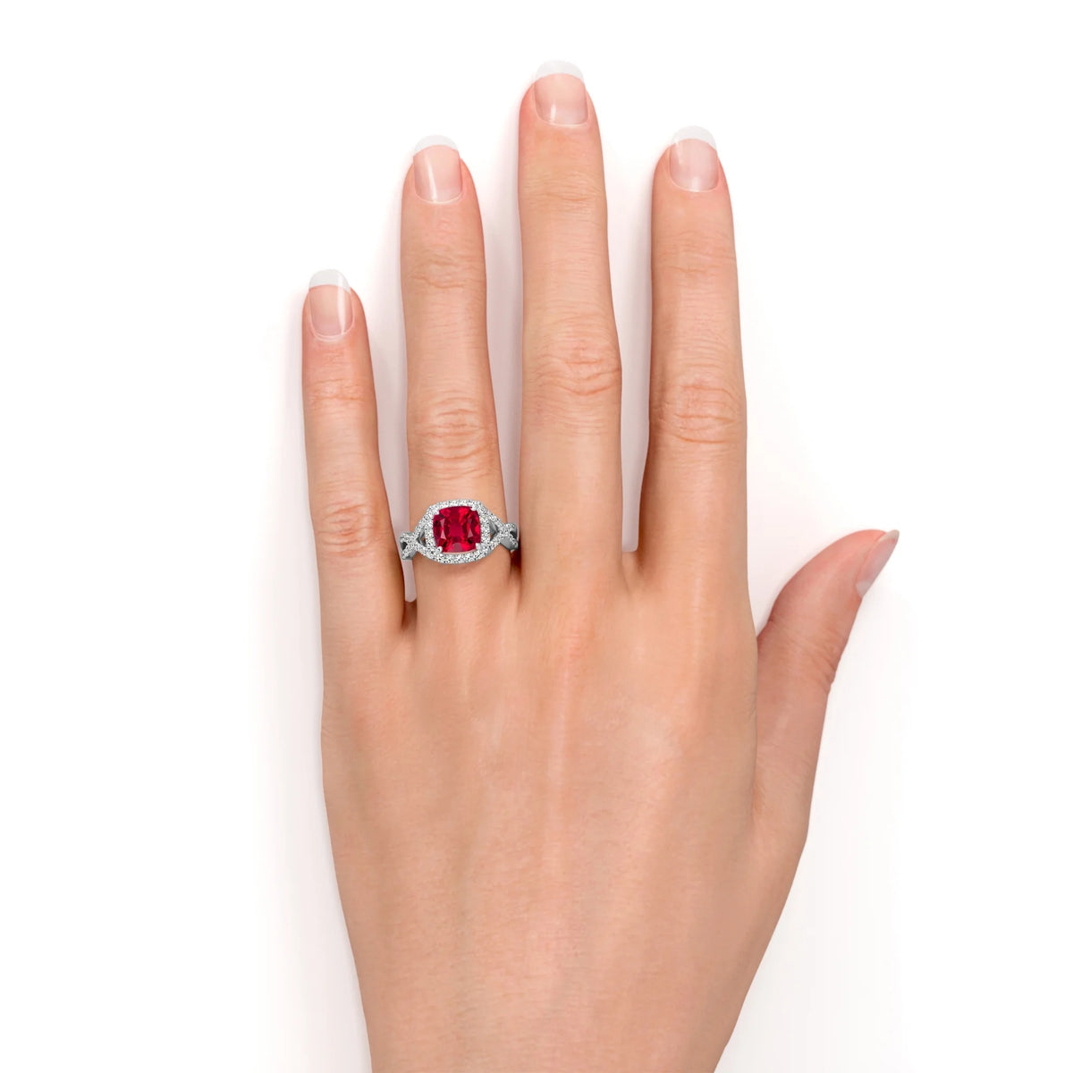 Cushion Cut Lab Created Ruby and Moissanite Crossover Pave Engagement Ring V997957