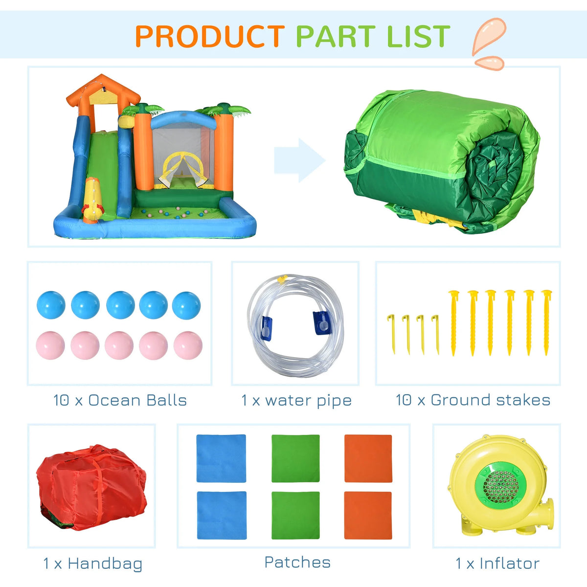 Inflatable Water Park with Blower, 6-in-1 Water Slide Jumping Castle D19318