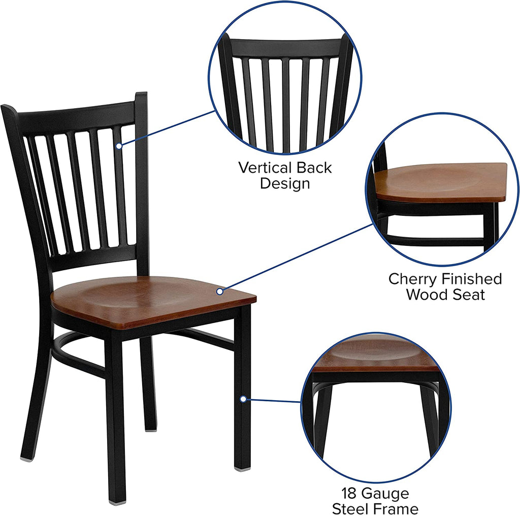 Black Vertical Back Metal Restaurant Chair with Cherry Wood Seat B94895