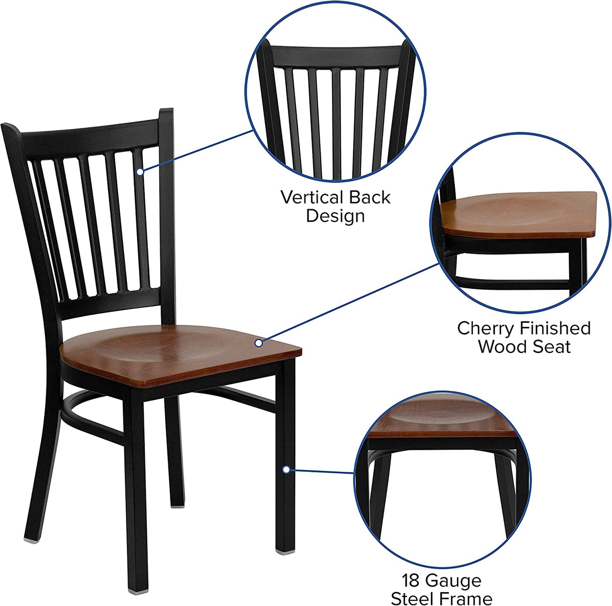 Black Vertical Back Metal Restaurant Chair with Cherry Wood Seat B94895