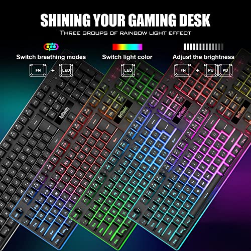 Wireless Gaming Keyboard and Mouse Combo with LED Backlit Rechargeable 3800mAh Battery, Mechanical Feel Anti-ghosting Keyboard and 7D 3200DPI Mice (Black) Y704
