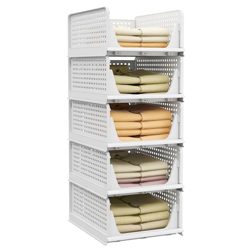 5 Pack Stackable Plastic Storage Basket Foldable Storage Bins S64963