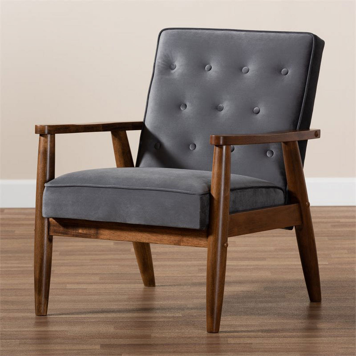 Grey Velvet Upholstered Wood Lounge Chair I56806