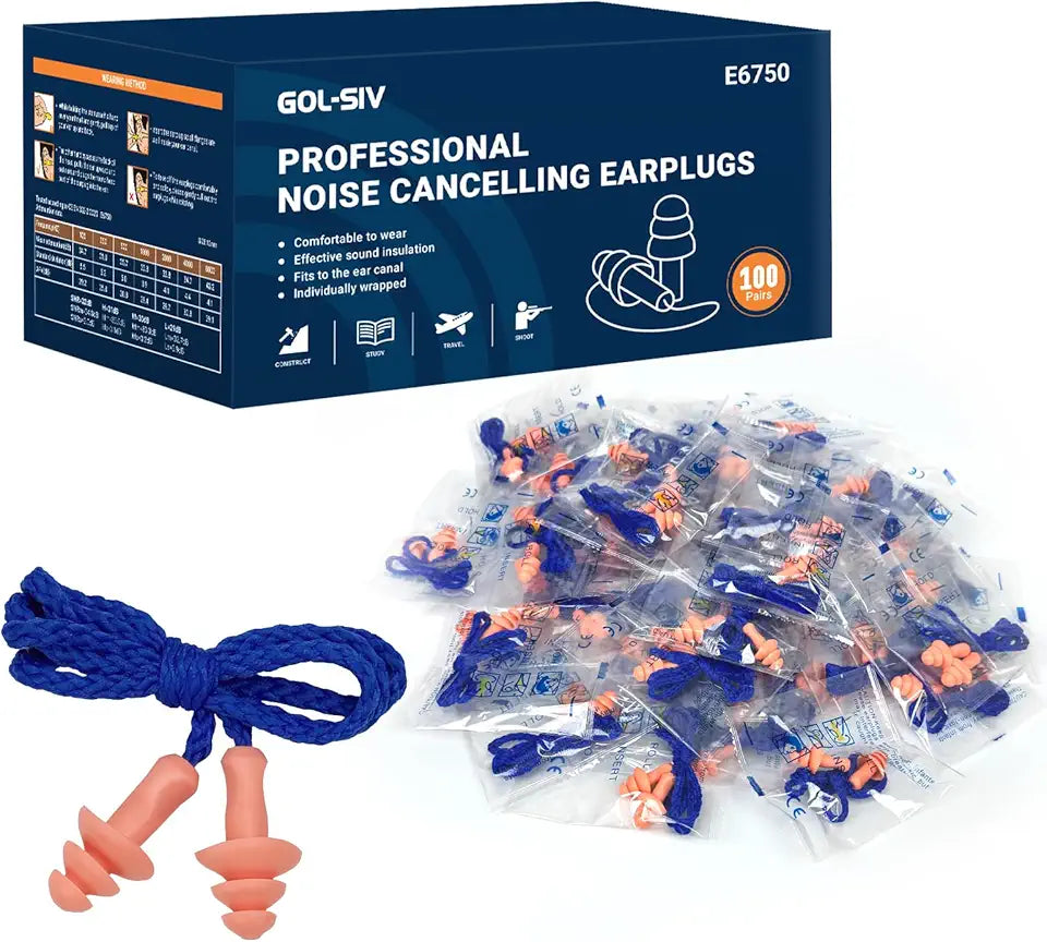 100 Pairs Silicone Corded Ear Plugs NRR 27dB Reusable Orange V659174