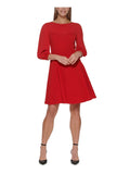 Red Sheer Unlined Pouf Sleeve Round Neck Fit + Flare Dress Z57866