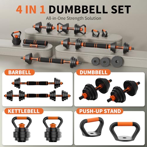 Adjustable Dumbbell Set, 30/50/70/90lbs, 4 in1 Dumbbell Barbell Kettlebell Push-Up Stand Weight Set, Set of 2 I86600
