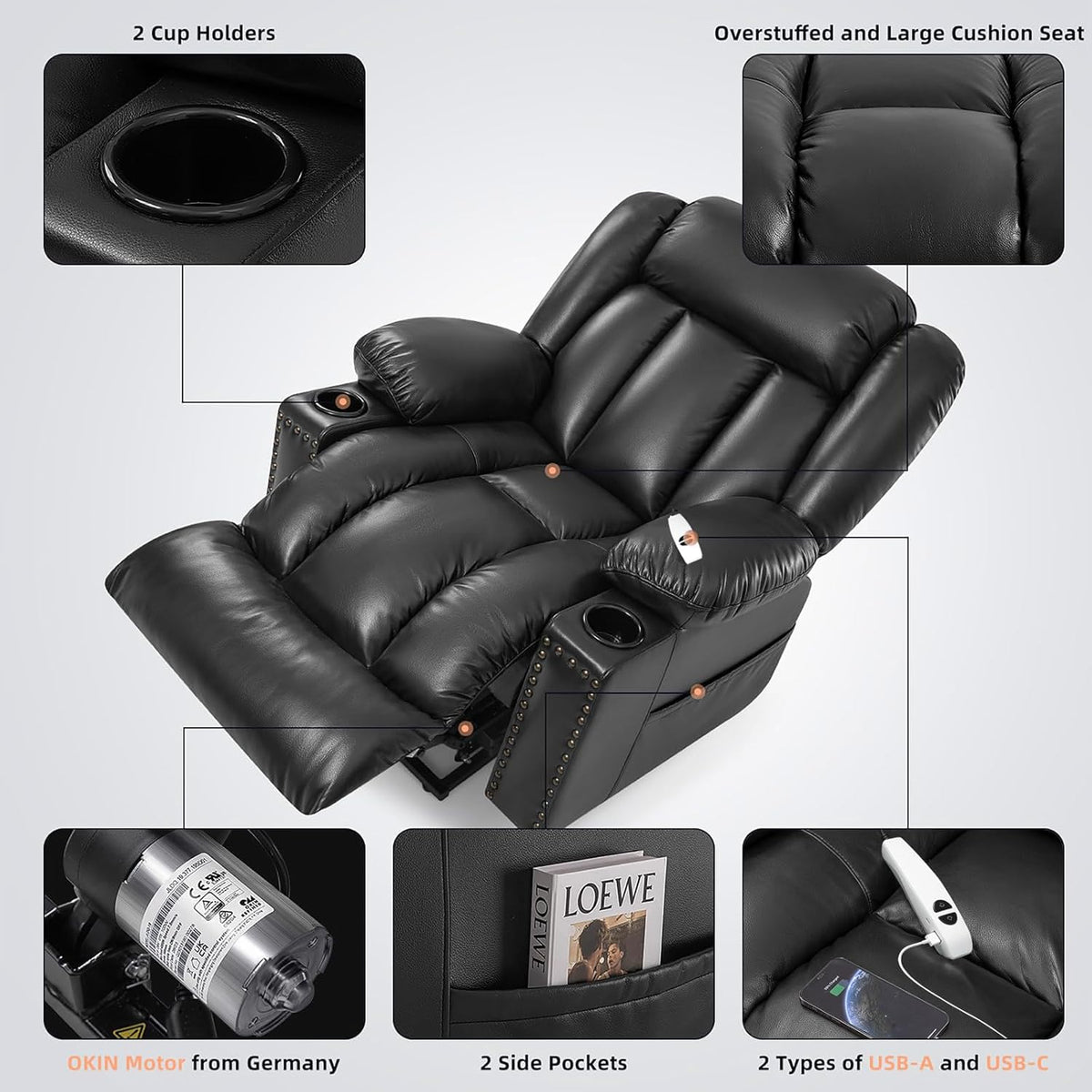 Black Dual Motor Power Lift Chair Recliner with Heat and Massage H47663