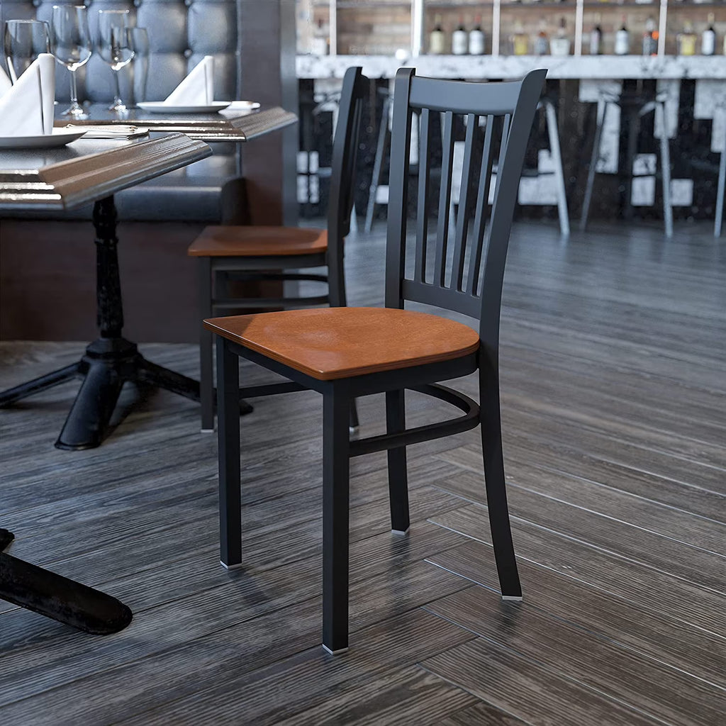 Black Vertical Back Metal Restaurant Chair with Cherry Wood Seat B94895