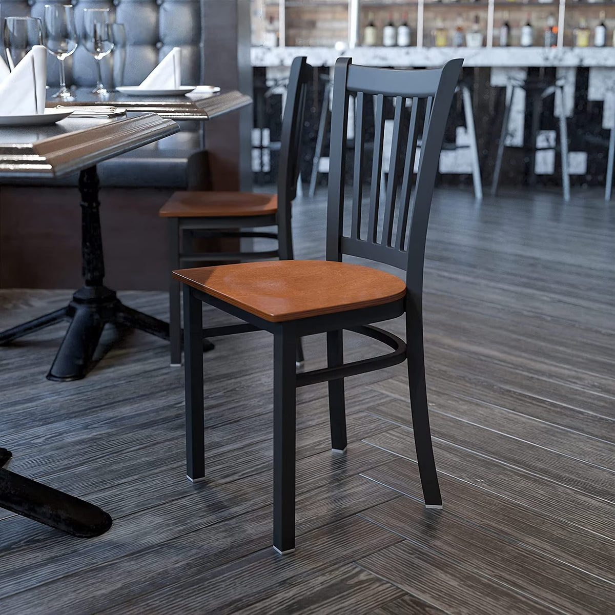 Black Vertical Back Metal Restaurant Chair with Cherry Wood Seat B94895