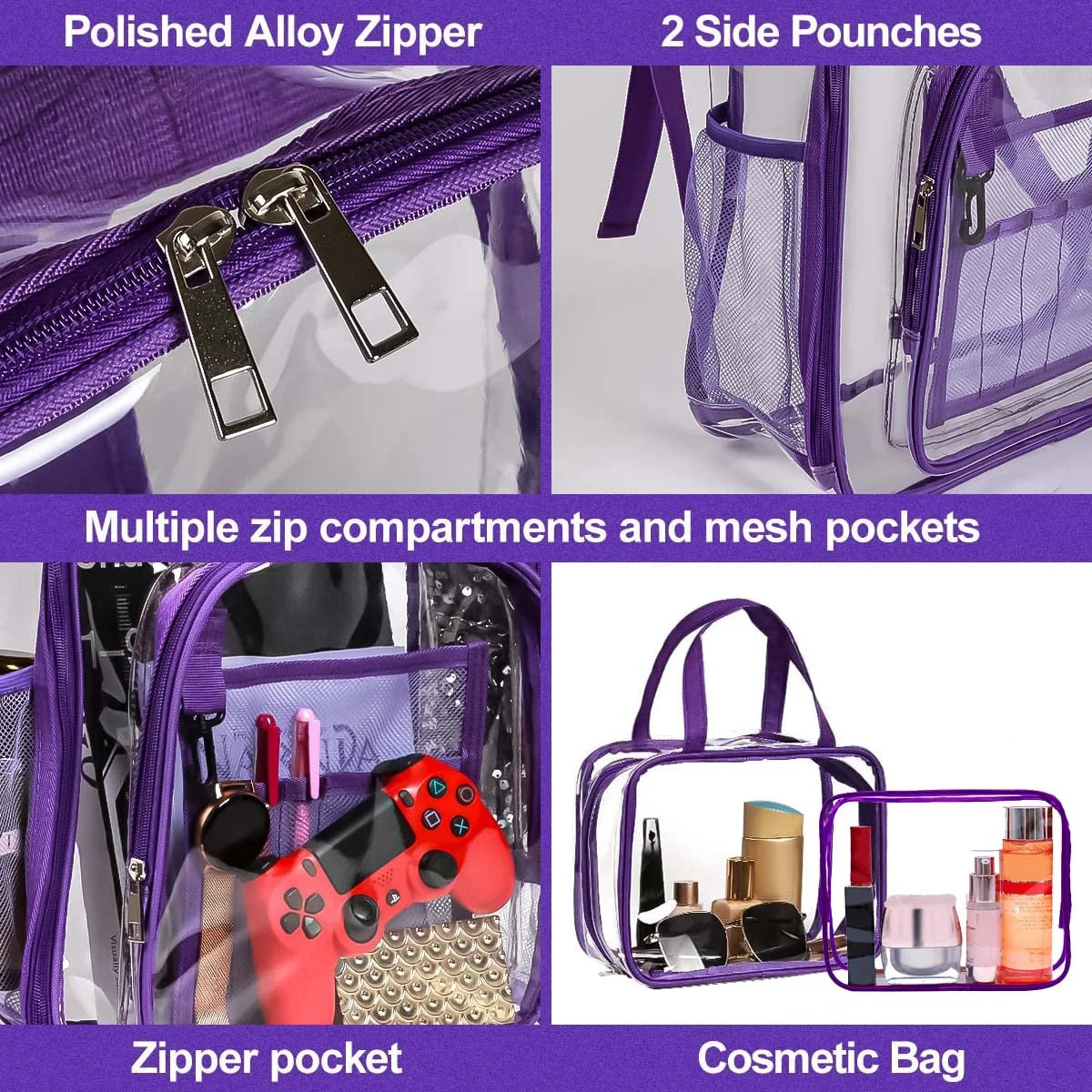 Purple 3pcs Waterproof Clear PVC Backpack Set with Reinforced Padded Straps L87351
