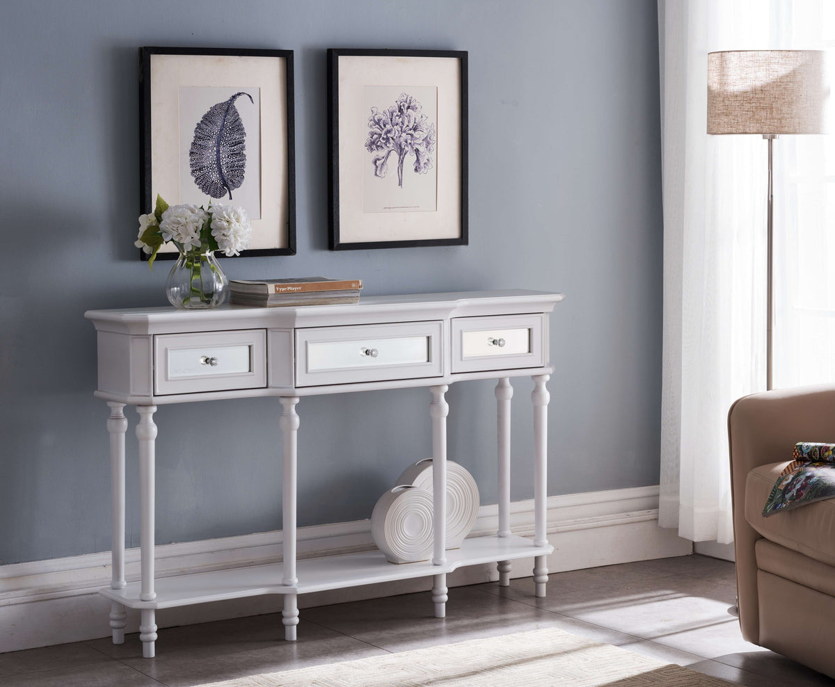 White Console Table with Mirrored Storage Drawers and Lower Shelf H962022