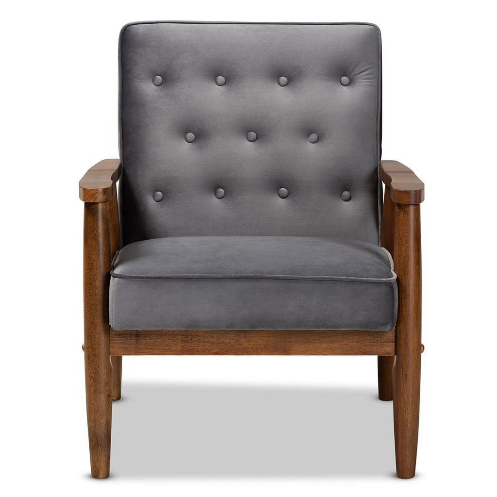 Grey Velvet Upholstered Wood Lounge Chair I56806