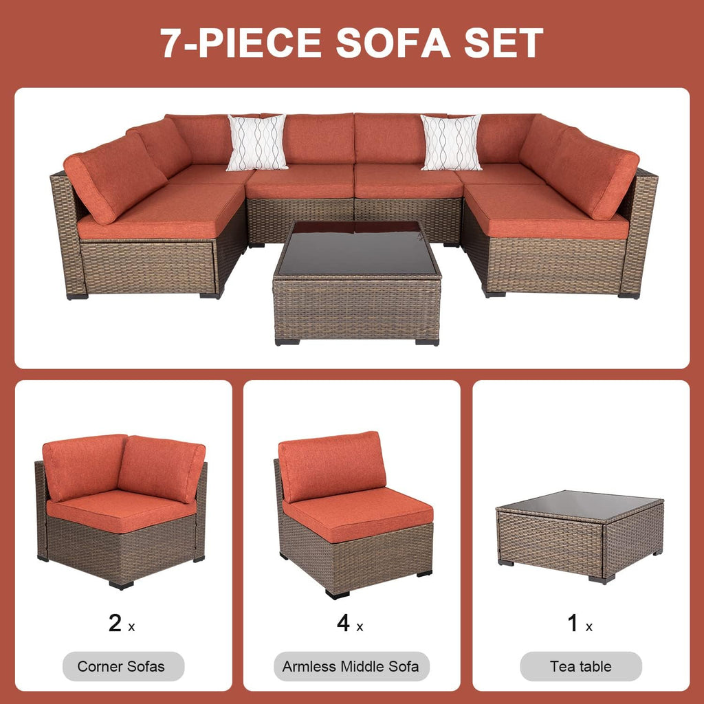 Maple Red Cushions 7Pcs Outdoor Wicker Sectional Sofa F207987