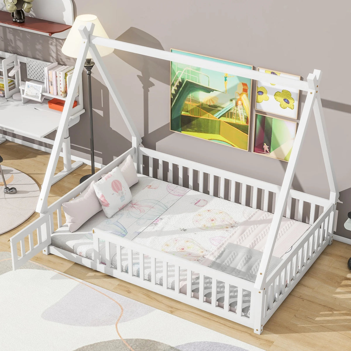 Twin Size Grey Wooden Floor Bed with Guardrail A962885
