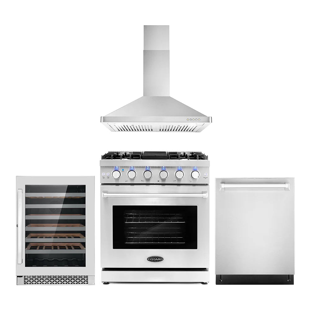 30 Gas Range, Wall Mount Range Hood, Dishwasher and Wine Cooler Z918