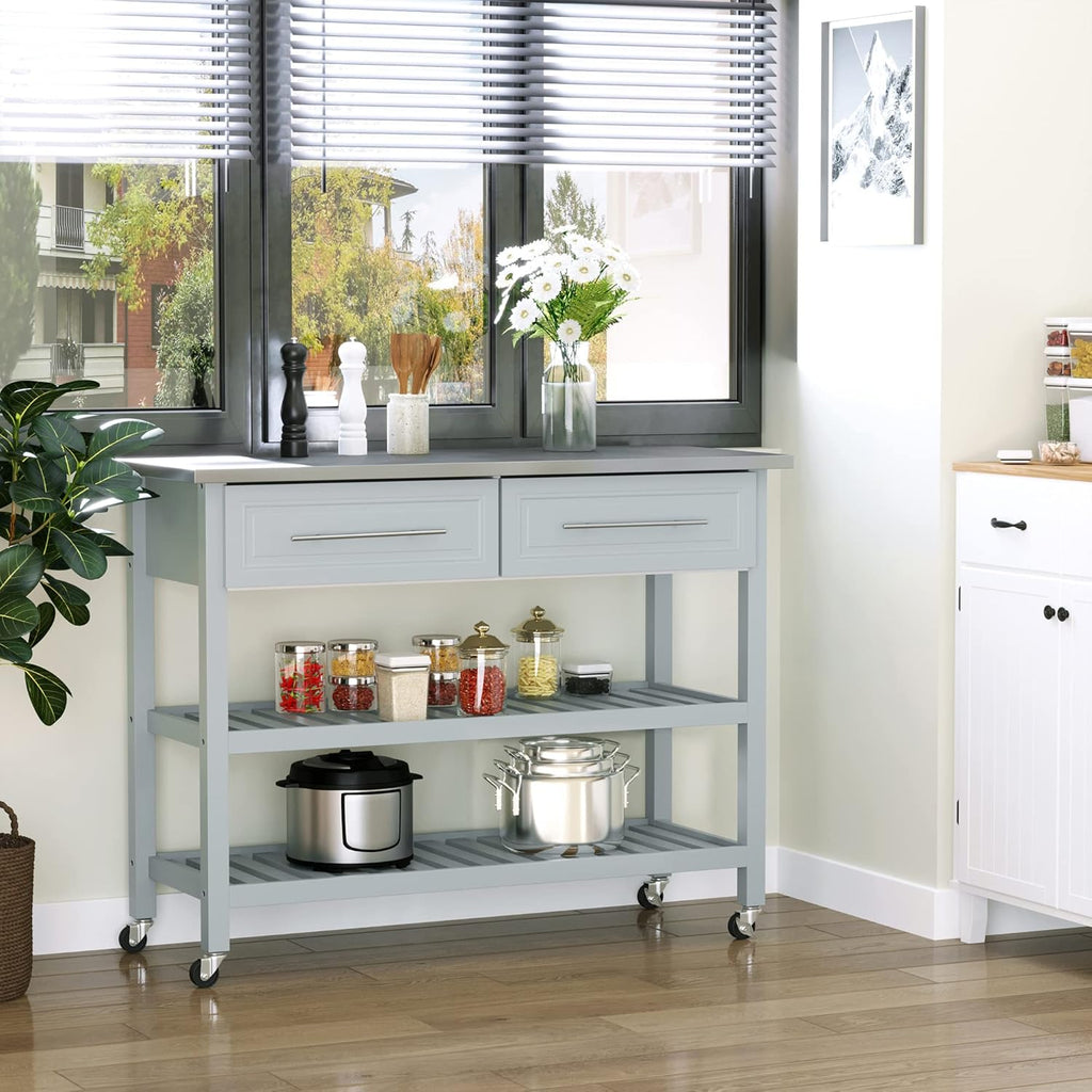Grey Stainless Steel Top Rolling Utility Cart with Drawers and Shelves X46277