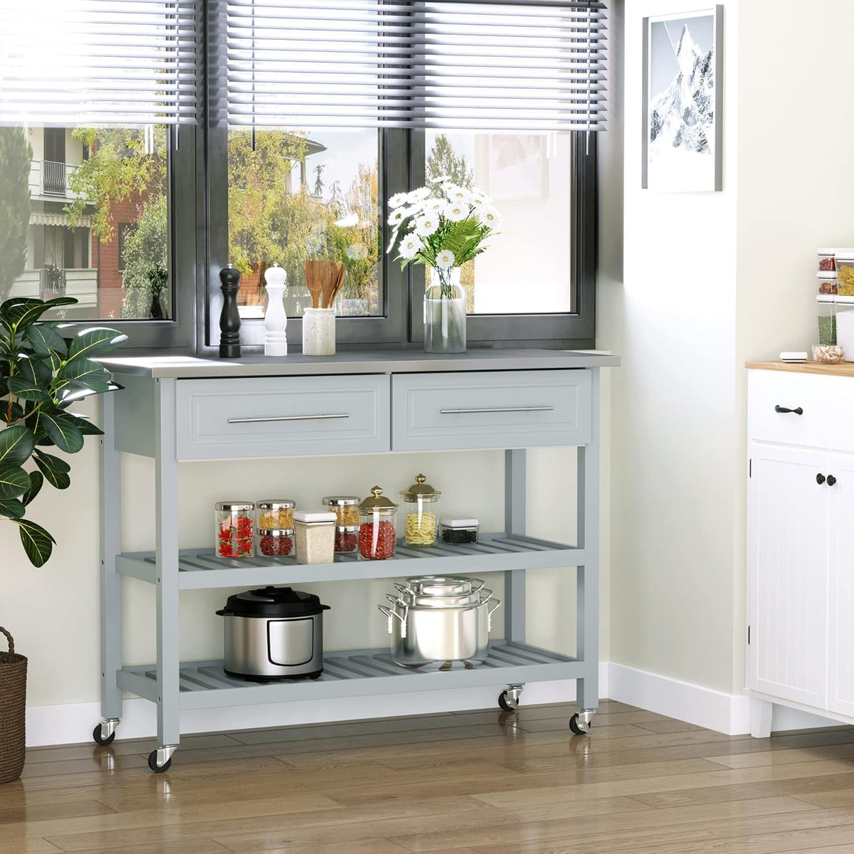 Grey Stainless Steel Top Rolling Utility Cart with Drawers and Shelves X46277