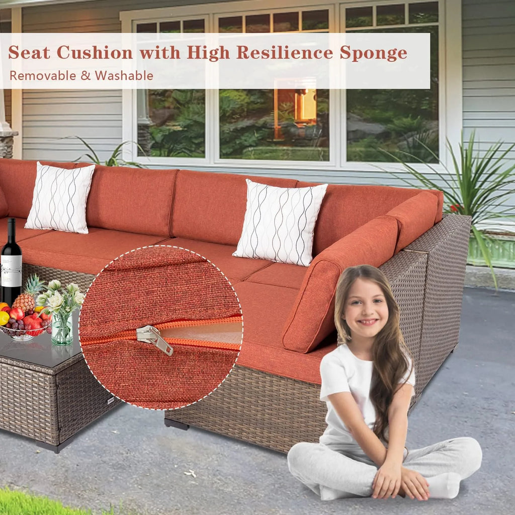 Maple Red Cushions 7Pcs Outdoor Wicker Sectional Sofa F207987