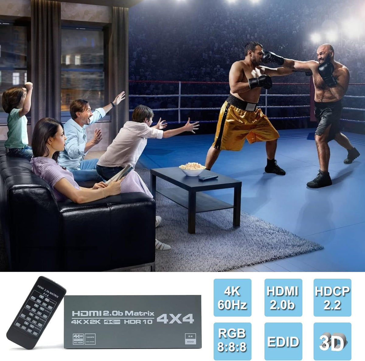4K@60Hz HDMI Matrix Switch 4x4 with EDID Scaler and Remote Control P44491