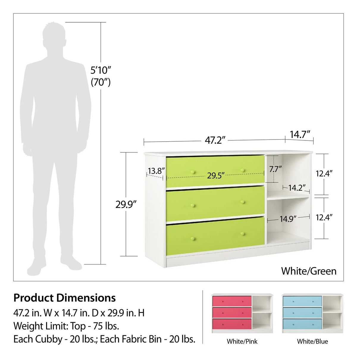White Wide Dresser with 3 Fabric Bins Y6926