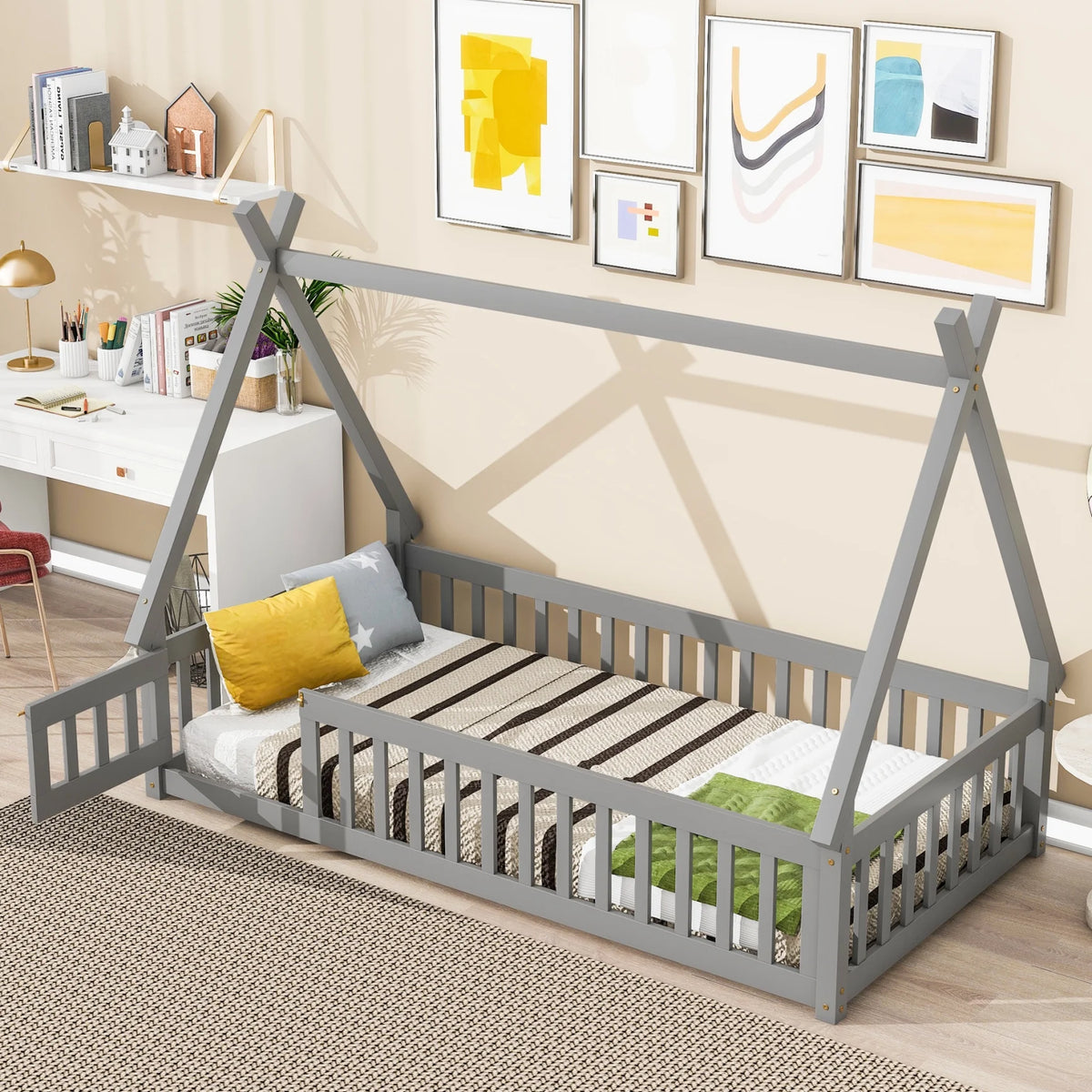 Twin Size Grey Wooden Floor Bed with Guardrail A962885