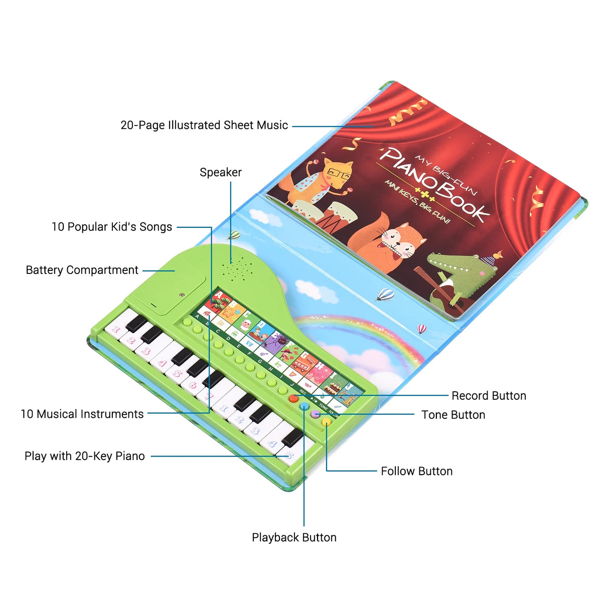 20-Key Electronic Piano Book with Built-In Keyboard, Educational Music Toy for Kids A74565