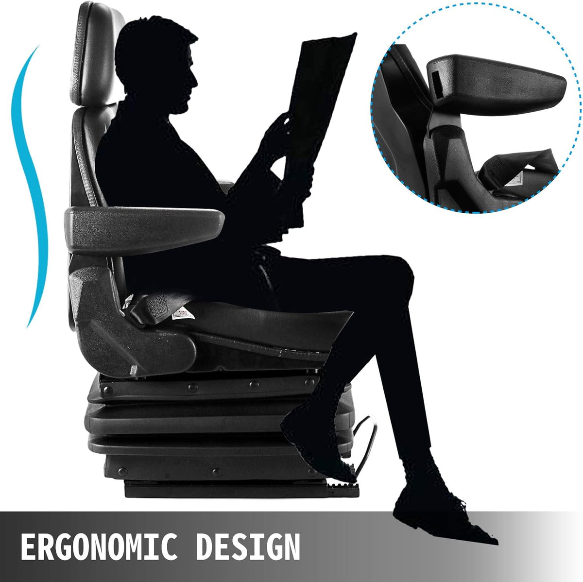 Suspension Seat with Slide Rails, Adjustable Backrest Headrest Armrest, Foldable Heavy Duty R614
