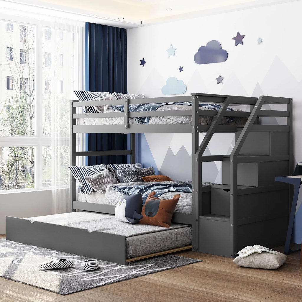 Twin-Over-Twin Bunk Bed with Trundle and 3 Storage Stairs Gray L2899