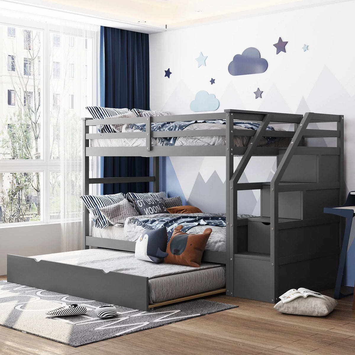 Twin-Over-Twin Bunk Bed with Trundle and 3 Storage Stairs Gray L2899