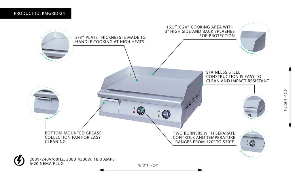 Commercial Electric Griddle 24x22 Countertop 240V 3570W A850