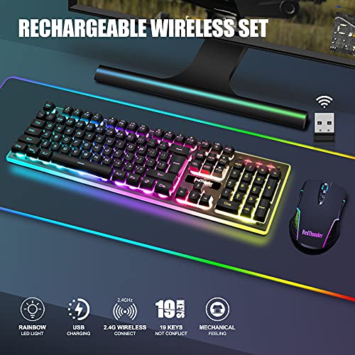 Wireless Gaming Keyboard and Mouse Combo with LED Backlit Rechargeable 3800mAh Battery, Mechanical Feel Anti-ghosting Keyboard and 7D 3200DPI Mice (Black) Y704
