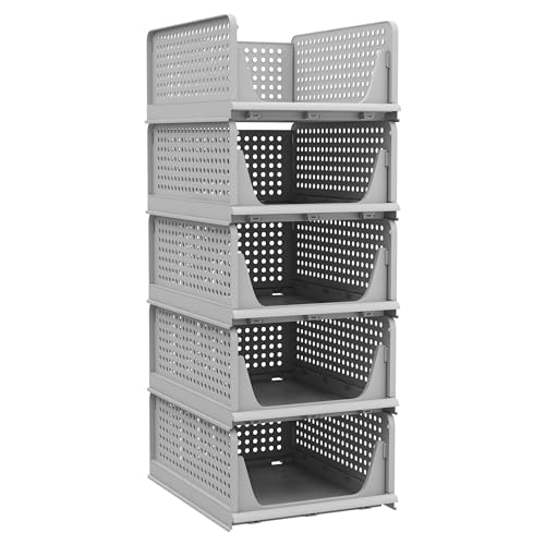 5 Pack Stackable Plastic Storage Basket Foldable Storage Bins S64963