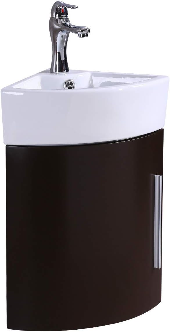 White Vitreous China Wall Mount Vanity Sink with Dark Oak Cabinet and Chrome Faucet H52885