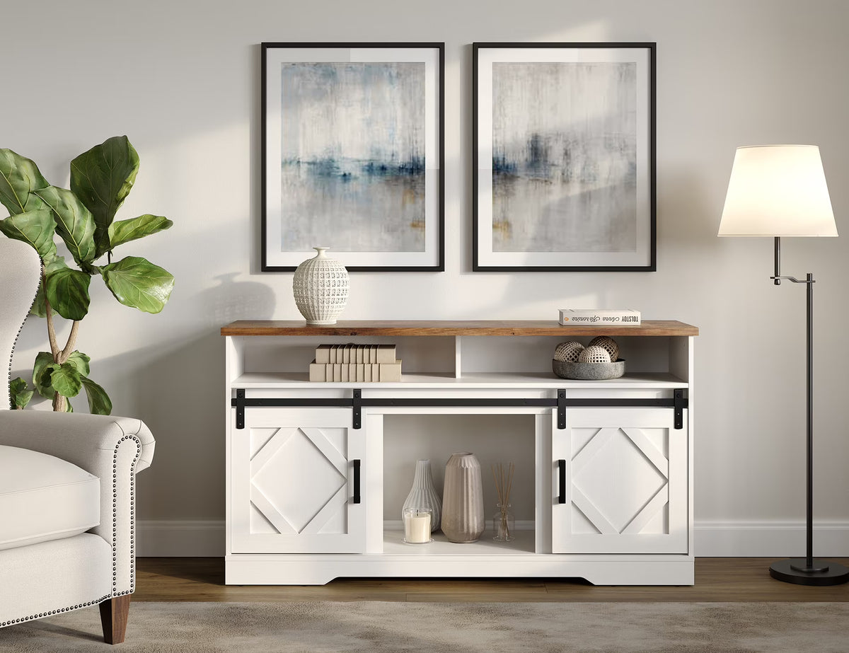 White Farmhouse Wood TV Stand with Storage G15929