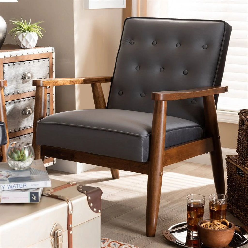 Grey Velvet Upholstered Wood Lounge Chair I56806