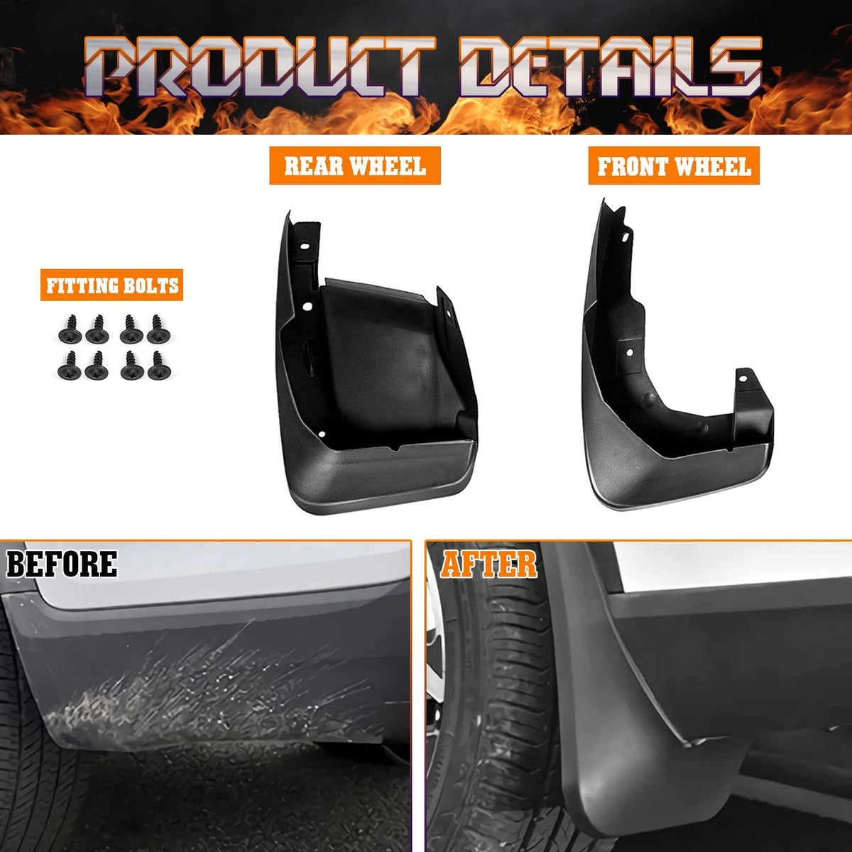4PCS Front & Rear Mud Flap Splash Guards Fender Flare Mudguard Full Set with Hardware Accessories W64308