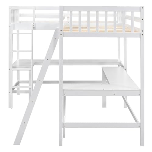 White L-Shaped Wood Twin Size Loft Bed with Desk and Ladder E869048