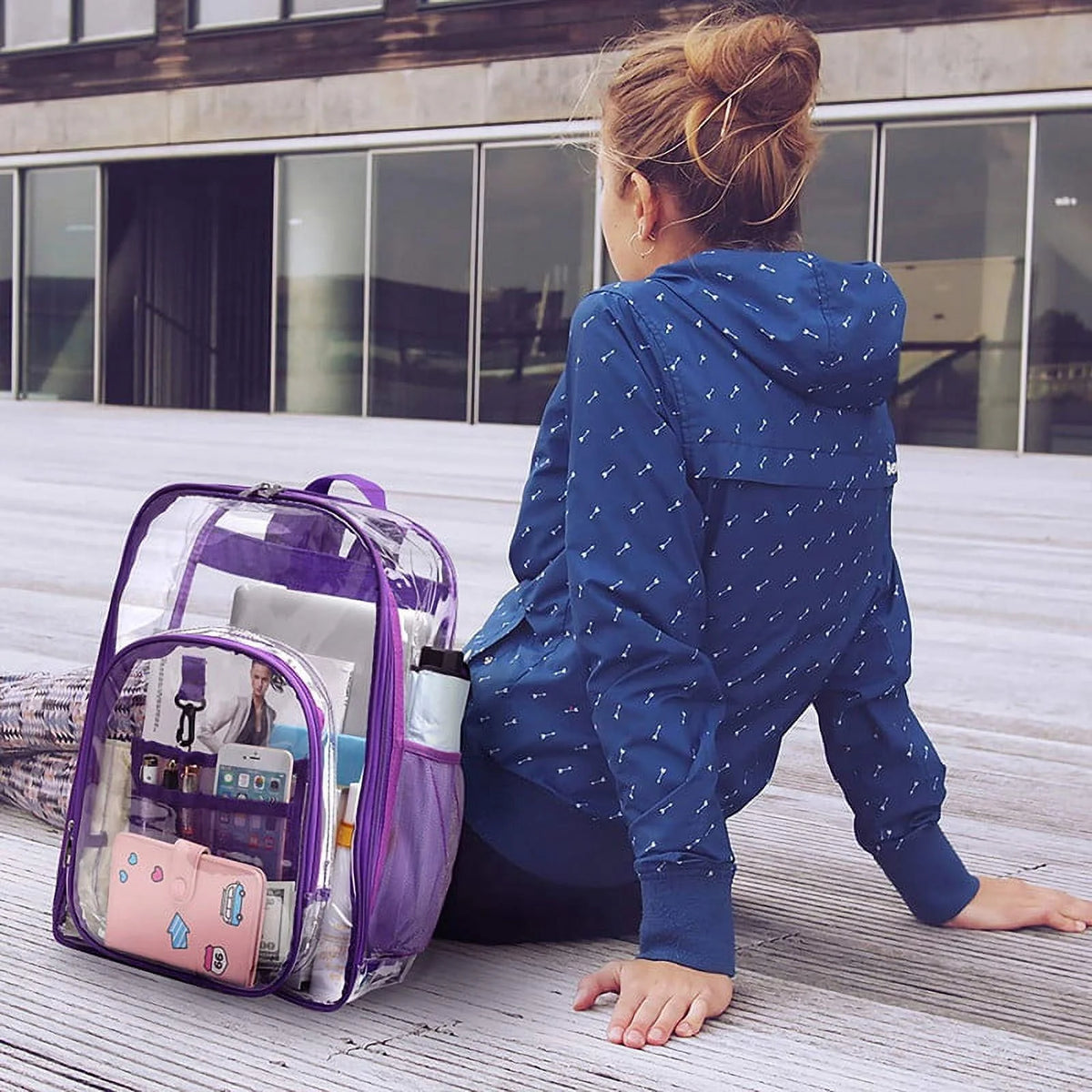 Purple 3pcs Waterproof Clear PVC Backpack Set with Reinforced Padded Straps L87351