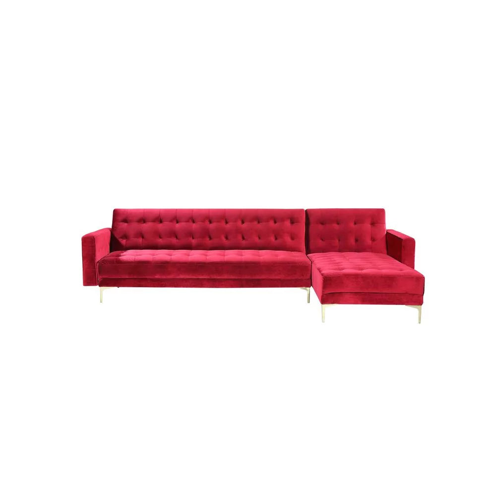 Right Facing Convertible Sectional Sofa Sleeper Bed L Shape Chaise Tufted Velvet Upholstered Red Y9624