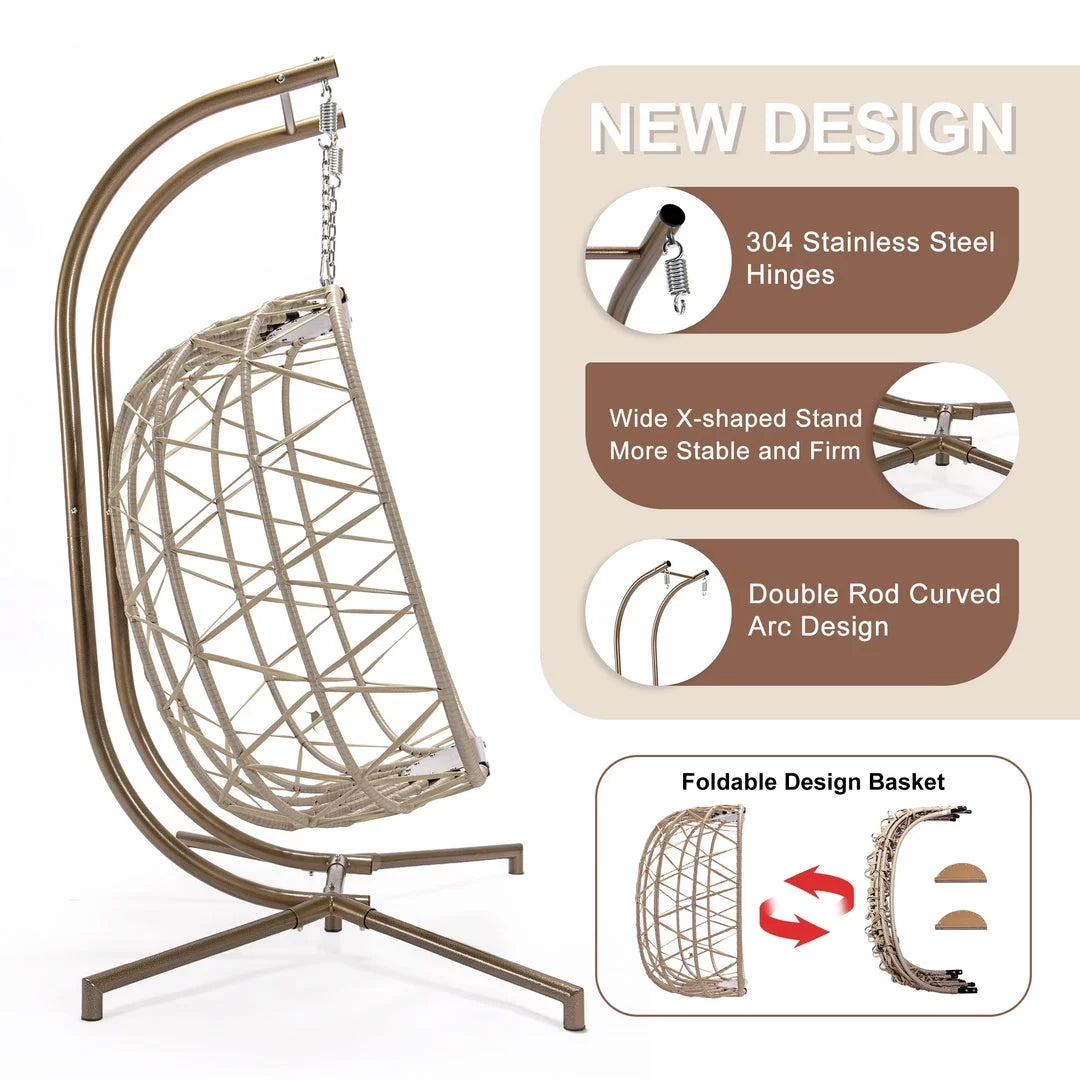 Beige Wicker Double Egg Chair with Stand Q4526