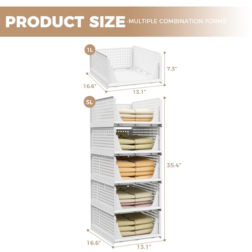 5 Pack Stackable Plastic Storage Basket Foldable Storage Bins S64963
