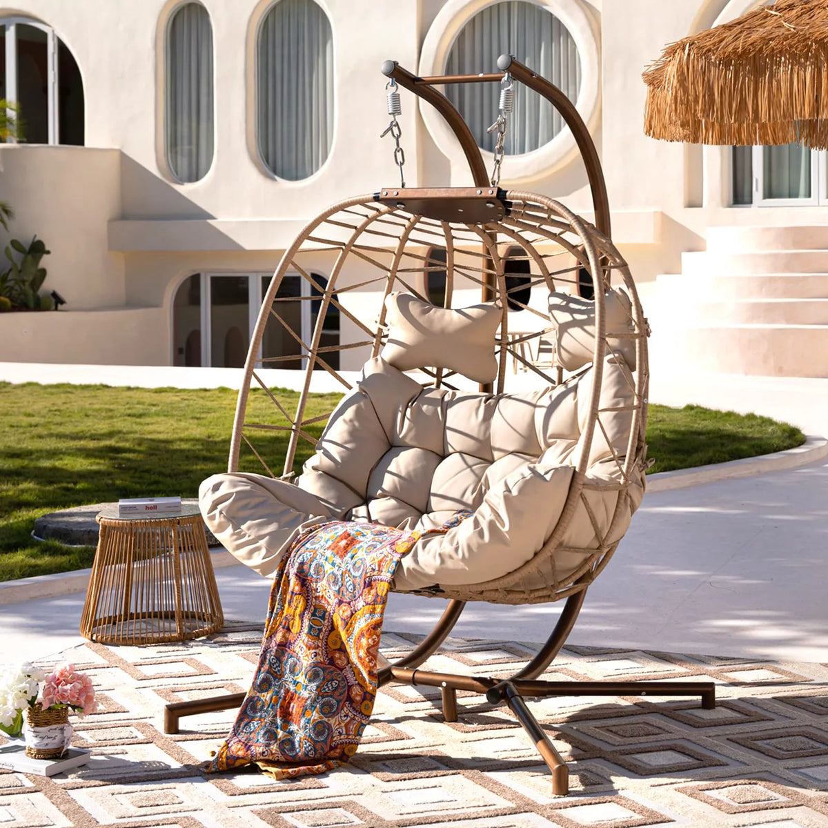 Beige Wicker Double Egg Chair with Stand Q4526