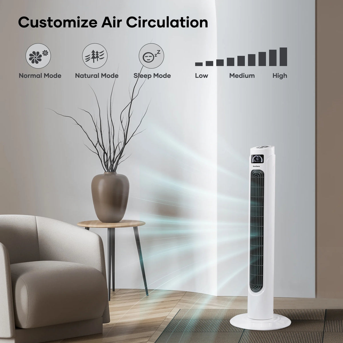 36 Tower Fan 120° Oscillating 60dB Quiet with Remote Control White S586