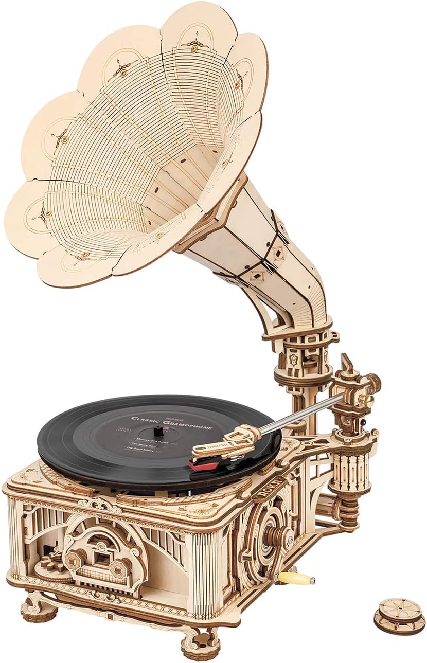 3D Wooden Puzzles Record Player DIY Mechanical Gramophone H486