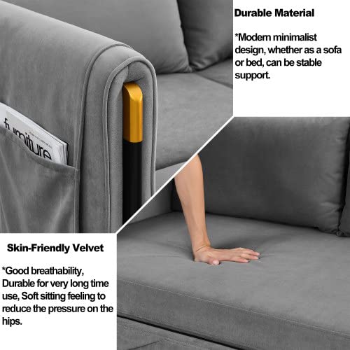 Gray Velvet Convertible Sofa Bed with 2 Pillows O87754