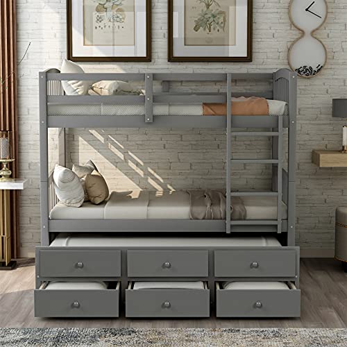 Twin Over Twin Solid Wood Bunk Bed with Storage Drawers and Trundle (Espresso) B92589