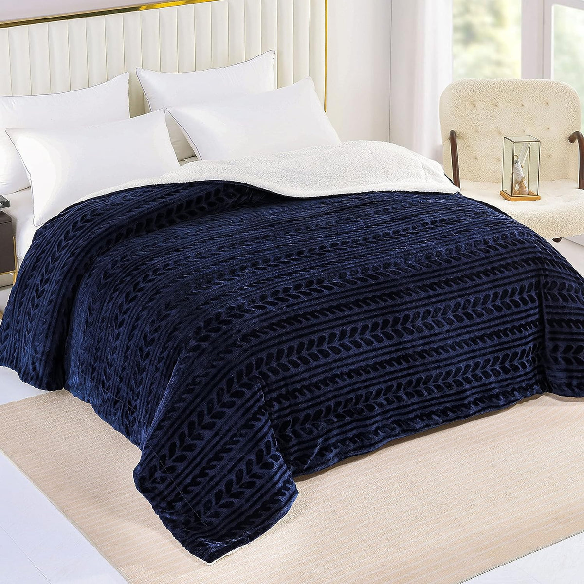 Camel Sherpa Fleece Throw Blanket with Leaves Pattern V581