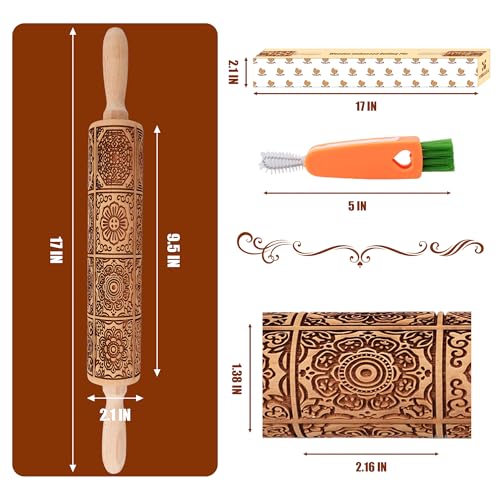 17" Wooden Rolling Pins with European Embossed Designs G451