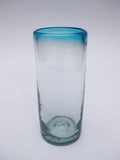 Mexican Blown Glass Highball Glasses Aqua Blue Rim Set of 6 E5106
